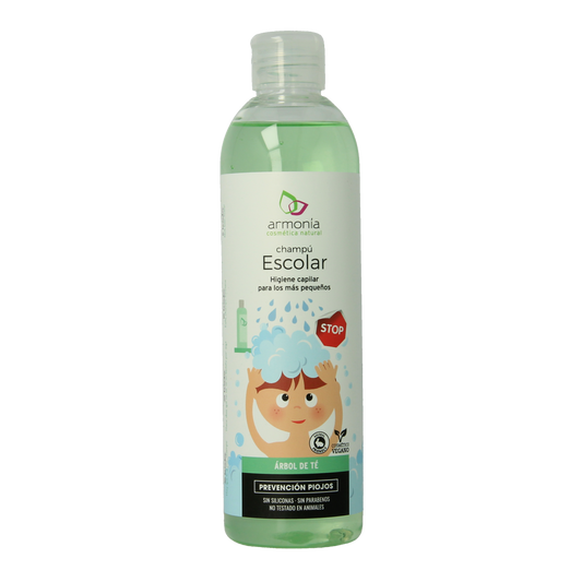 Armonia School shampoo for children, 300ml, gentle hair cleansing for kids with colorful packaging and playful design.