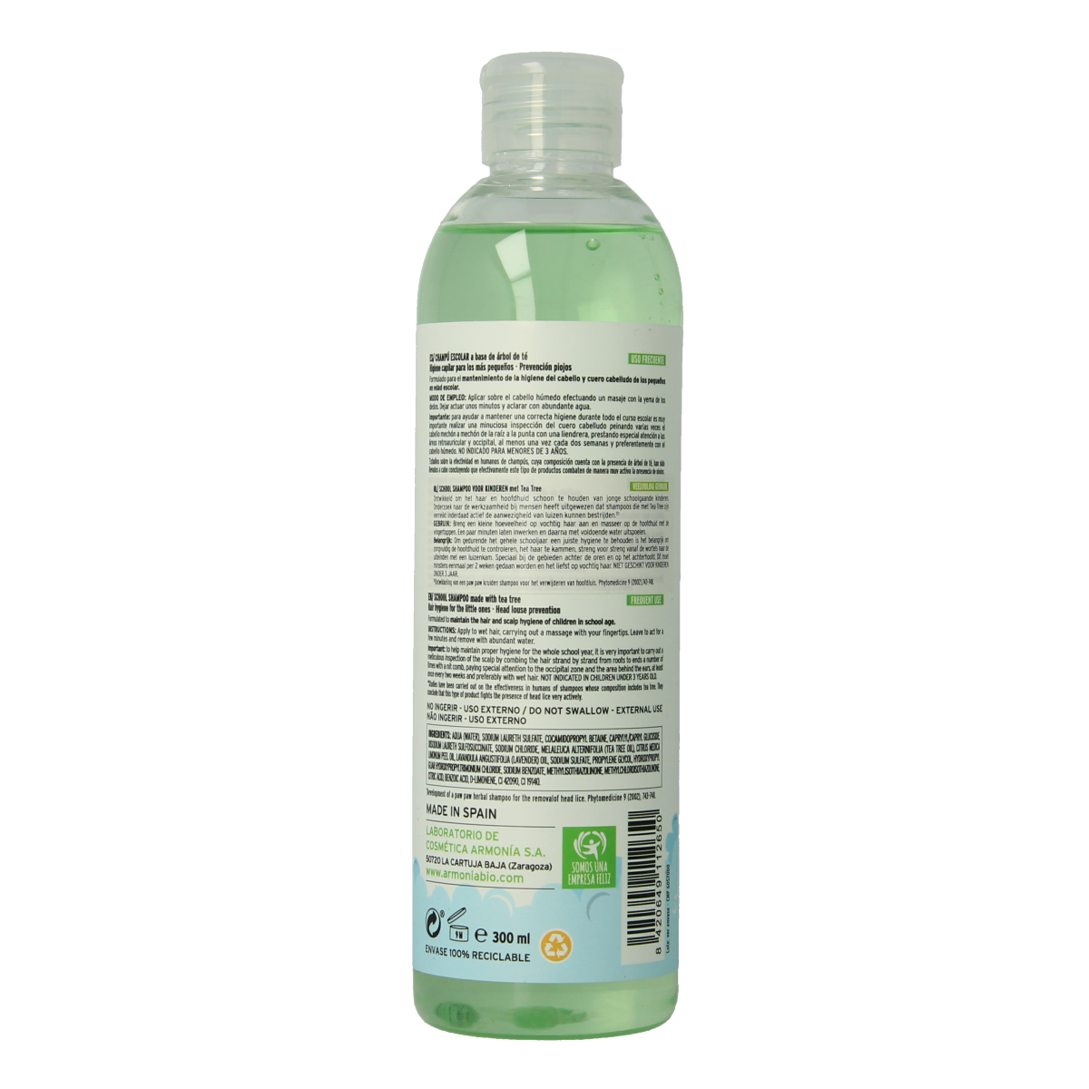 Armonia School shampoo for children in 300ml bottle, gentle hair care product with kid-friendly formula and colorful label.