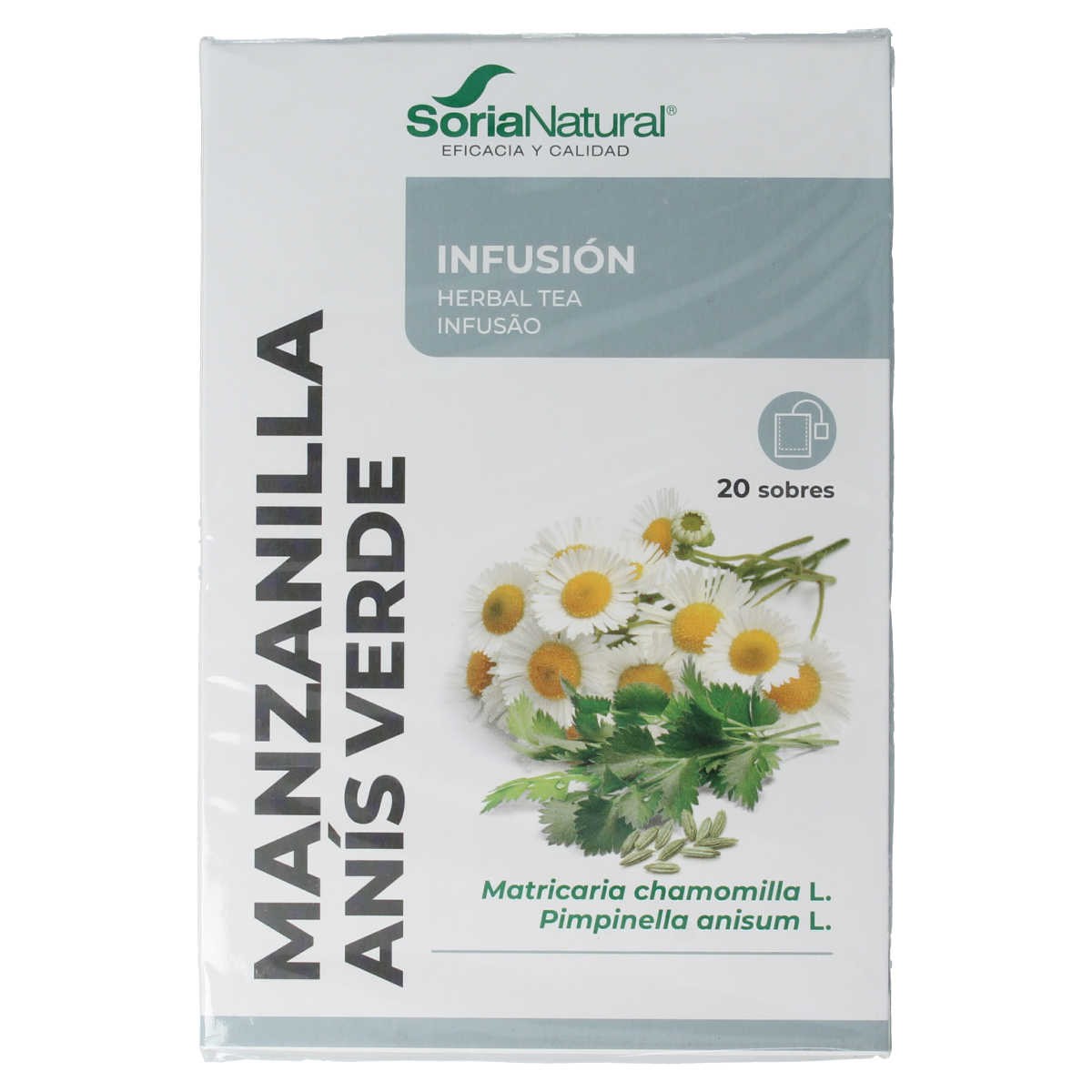 Soria Natural Manzanilla anis herbal tea infusion packet with 20 tea bags, featuring chamomile and anise flavors.