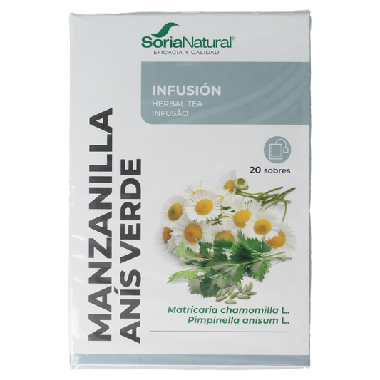 Soria Natural Manzanilla anis herbal tea infusion packet with 20 tea bags, featuring chamomile and anise flavors.