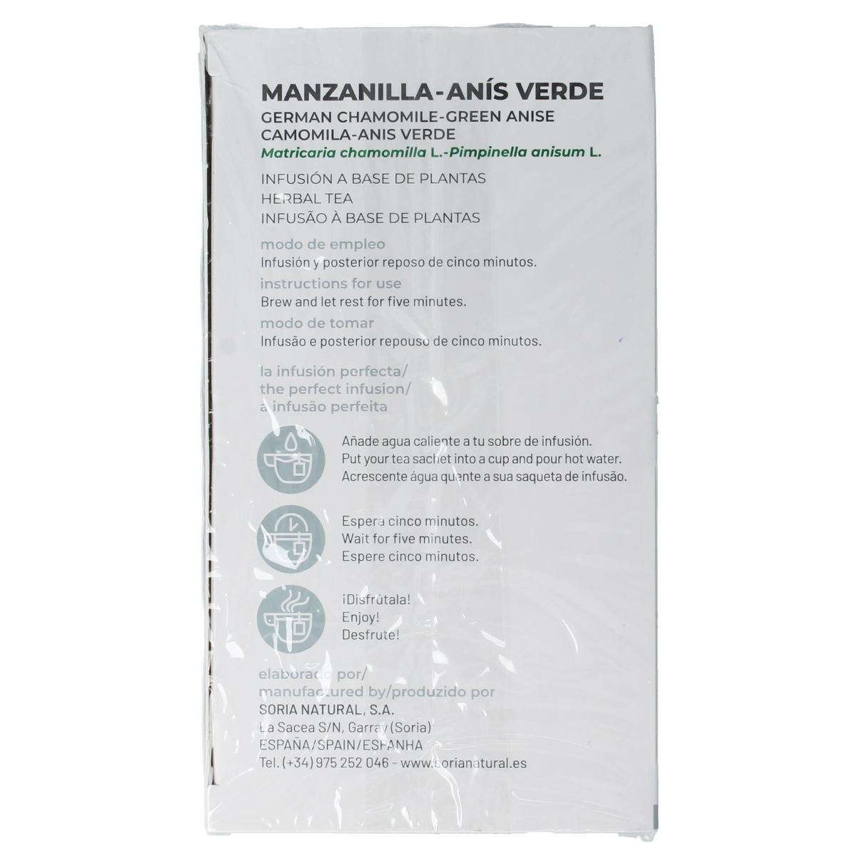 Soria Natural Manzanilla anis herbal tea infusion in a box with 20 tea bags, showcasing the packaging and tea bags inside.