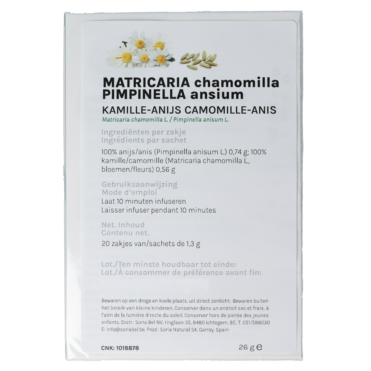 Soria Natural Manzanilla anis herbal tea infusions in a box with 20 tea bags, featuring chamomile and anise ingredients.