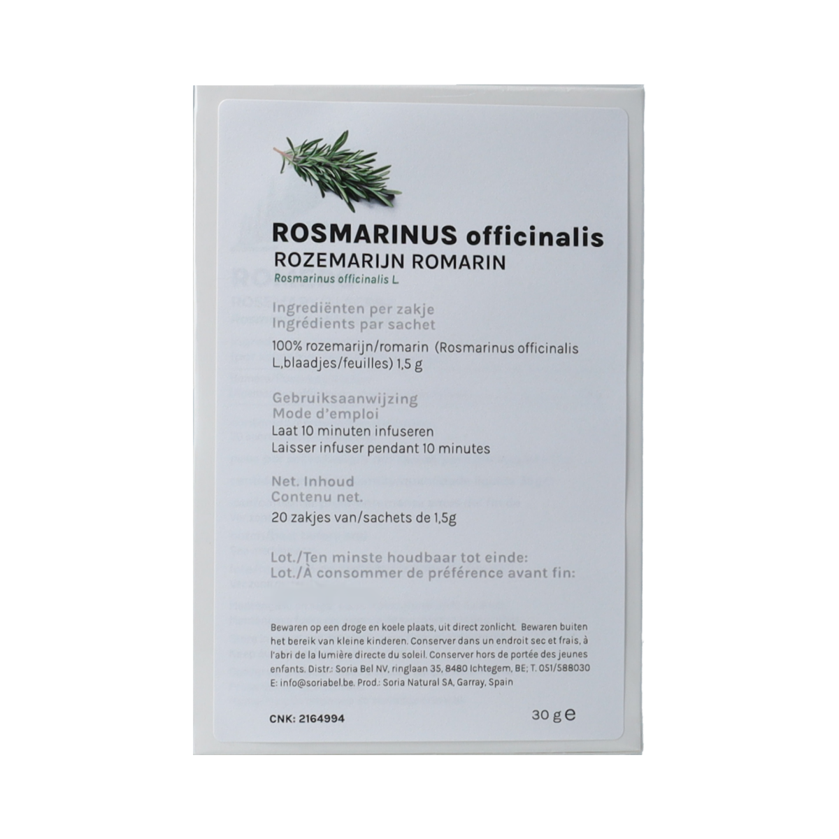 Soria Natural Rozemarijn infusie tea bags in a box, herbal tea with rosemary flavor, for brewing in a cup or teapot.