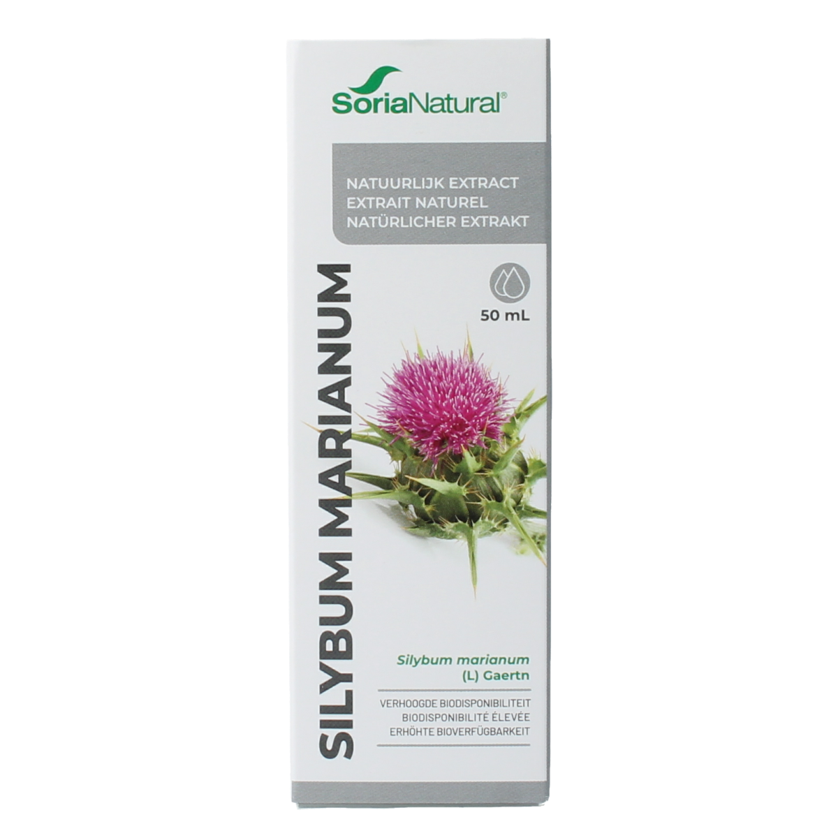 Soria Natural Silybum marianum extract 50ml, herbal supplement in a glass dropper bottle, with herbal ingredients visible.