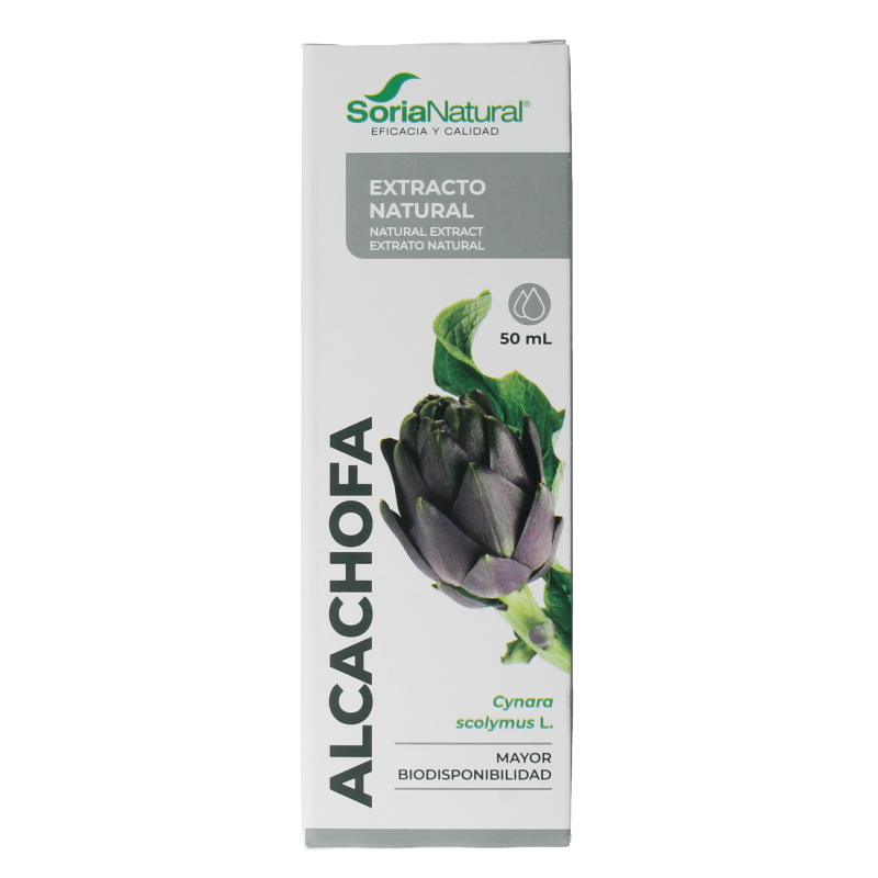 Bottle of Soria Natural Cynara scolymus XXI herbal extract in a 50ml bottle, featuring the product label with green and white packaging.