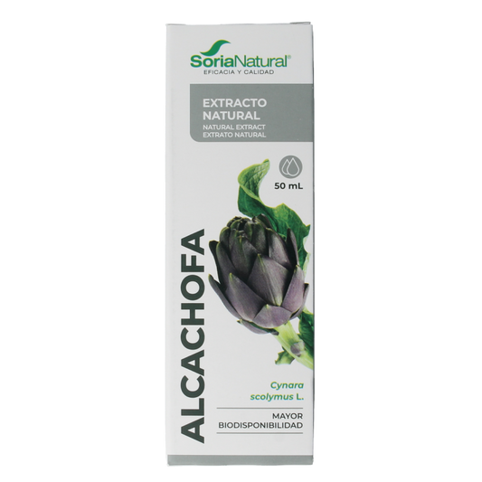 Bottle of Soria Natural Cynara scolymus XXI herbal extract in a 50ml bottle, featuring the product label with green and white packaging.