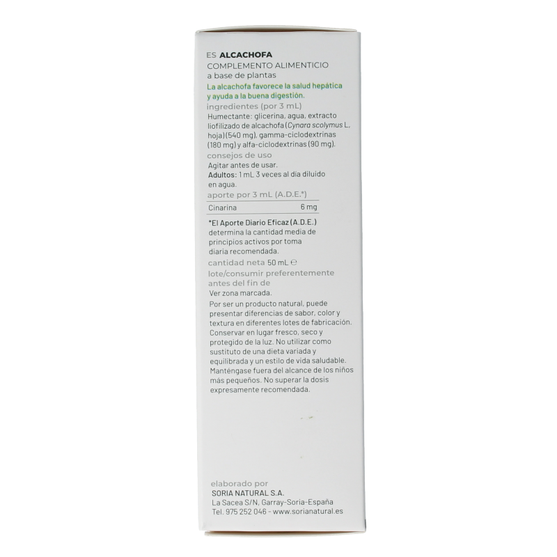 Soria Natural Cynara scolymus XXI herbal extract bottle, 50ml, in a glass container with a label featuring the brand and product details.