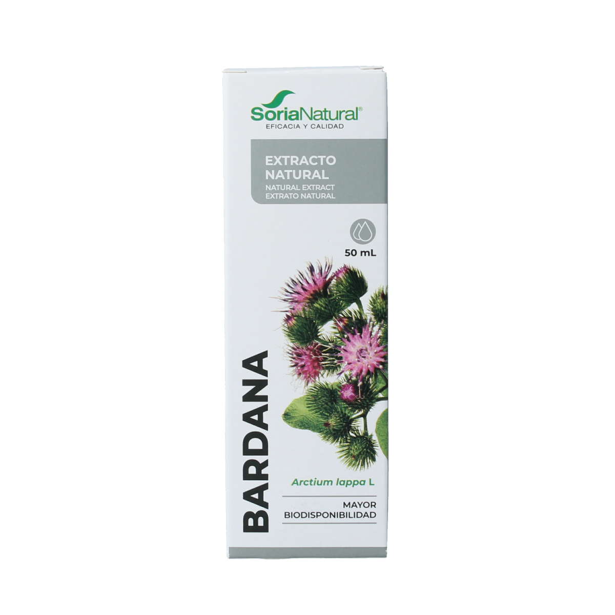 Soria Natural Arctium lappa extract 50ml bottle, herbal supplement in a dark glass container for traditional herbal remedies.