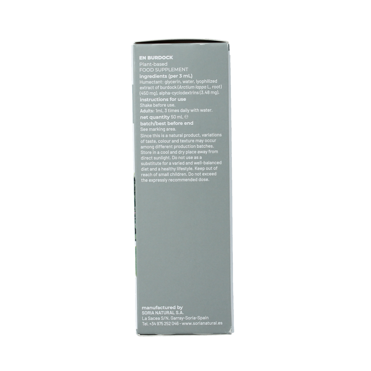 Soria Natural Arctium lappa extract in a 50ml bottle, herbal supplement from Kruidenpreparaten line, with label and product packaging.