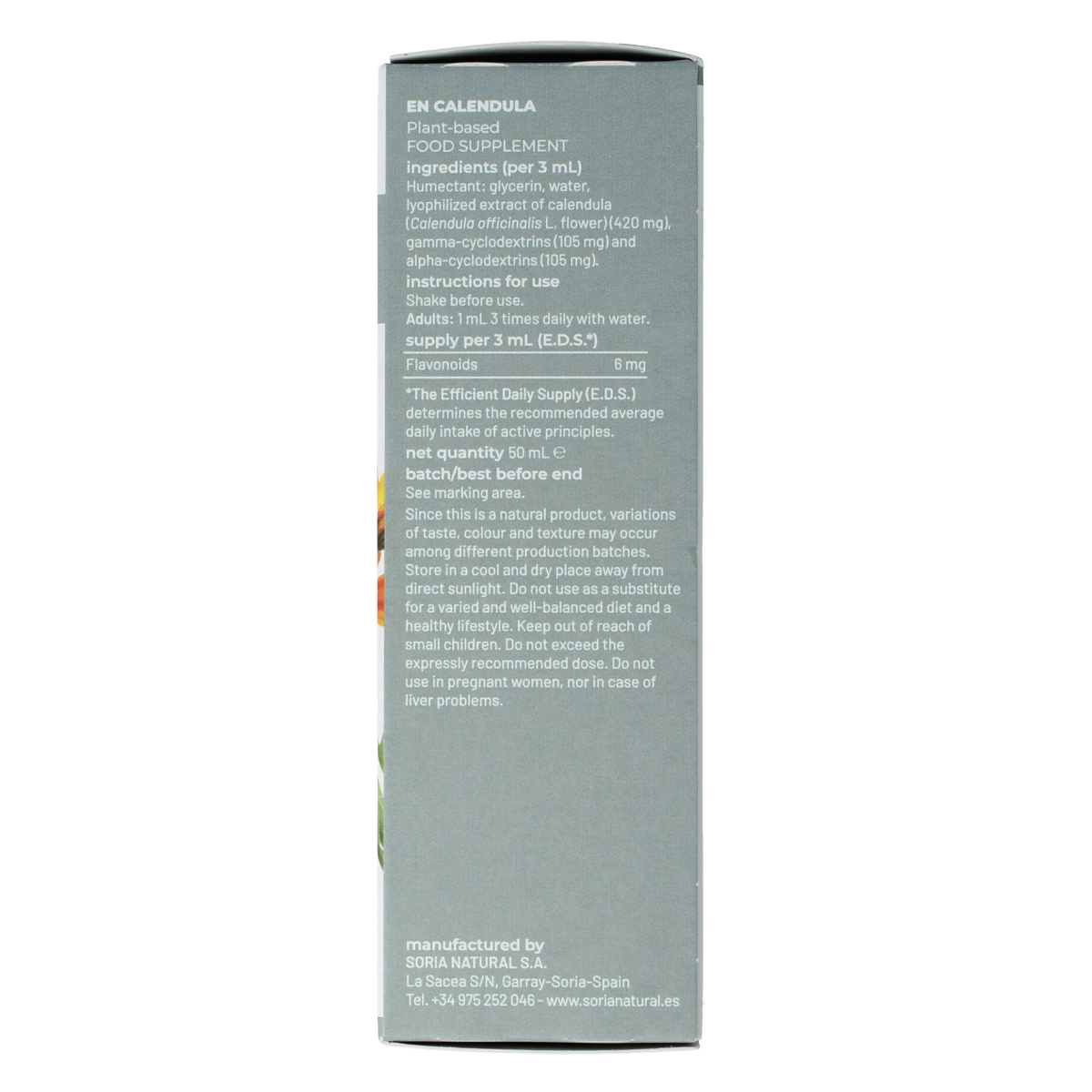Soria Natural Calendula officinalis XXI extract in a 50ml bottle, herbal preparation for natural health and skin care.