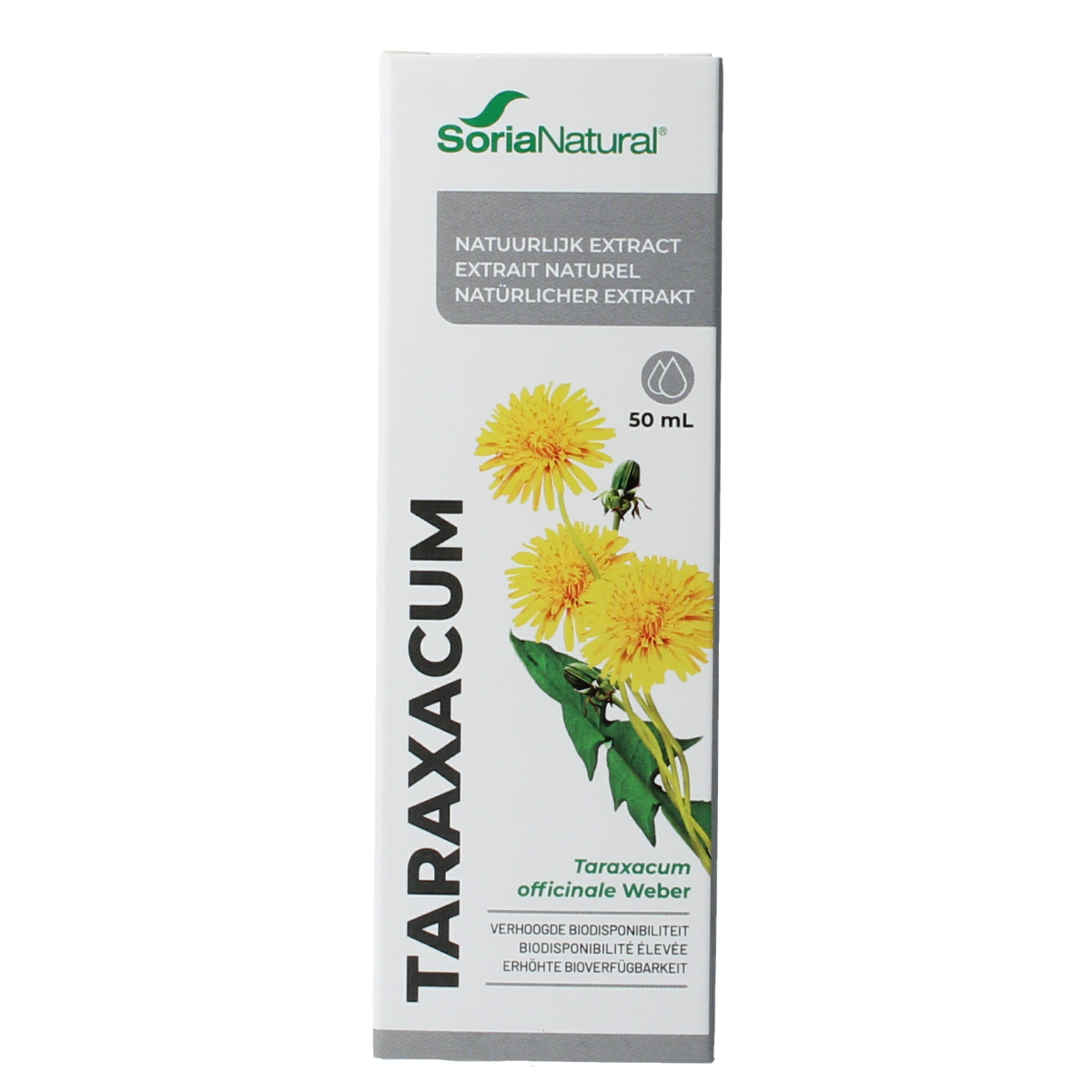 Soria Natural Taraxacum officinalis extract in a 50ml bottle, herbal preparation with fresh dandelion plant visuals.