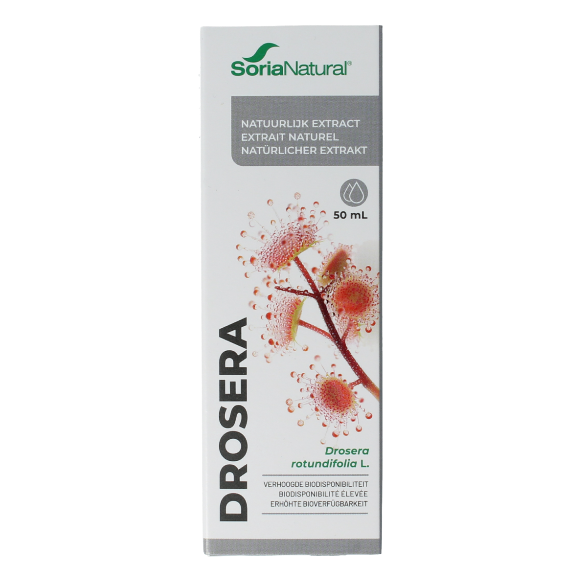 Soria Natural Drosera rotundifolia herbal extract in a 50ml bottle, part of the Kruidenpreparaten collection, with a minimalistic label.