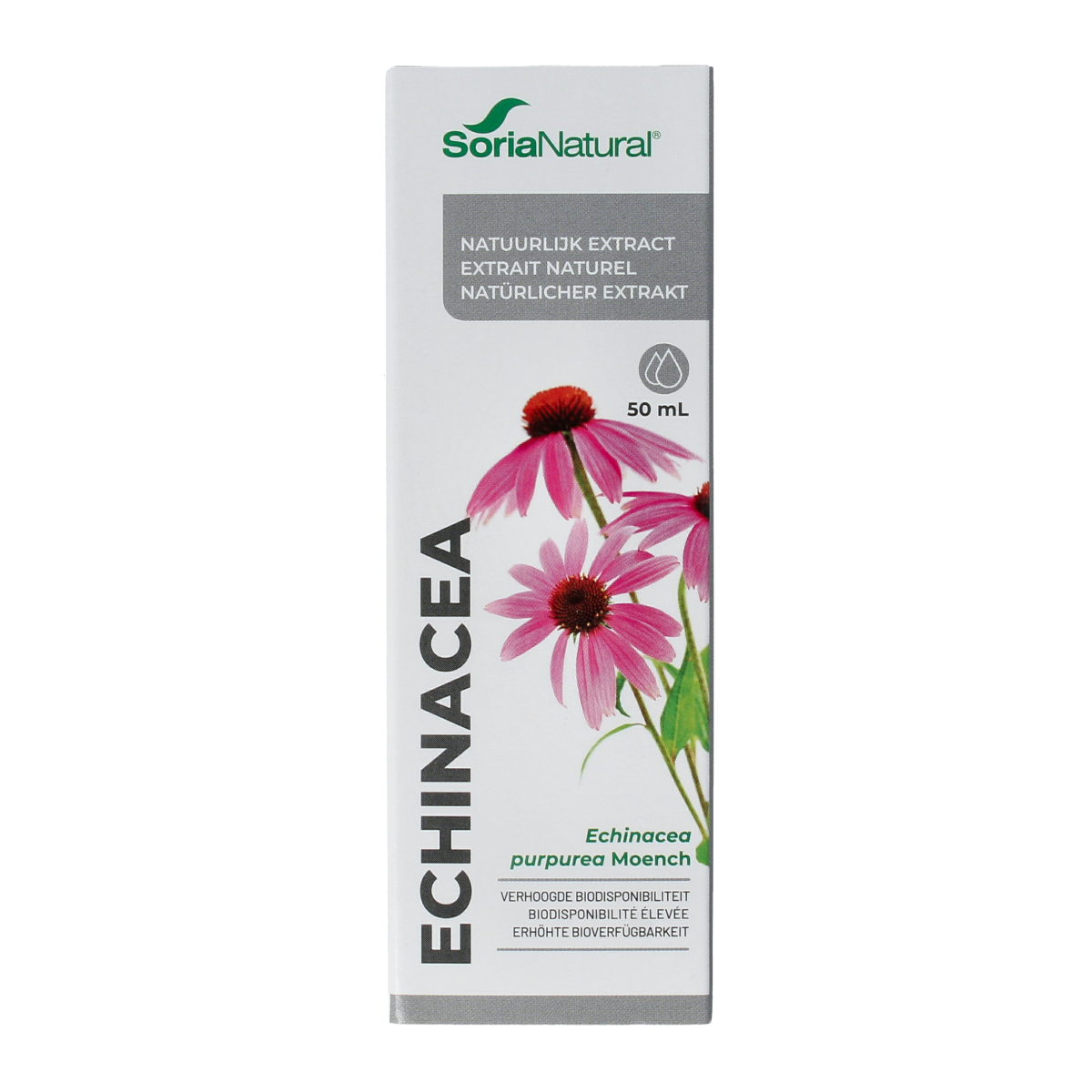 Bottle of Soria Natural Echinacea purpurea XXI herbal preparation, 50ml, in a brown glass bottle with a label.