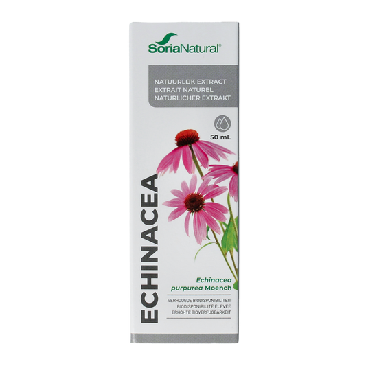 Bottle of Soria Natural Echinacea purpurea XXI herbal preparation, 50ml, in a brown glass bottle with a label.