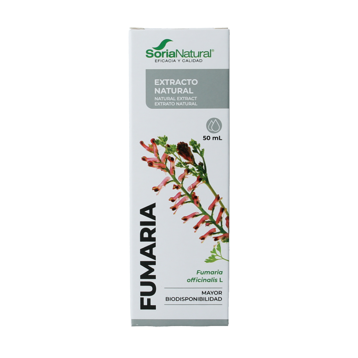 Soria Natural Fumaria officinalis herbal extract bottle, 50ml, in a natural herbal supplement packaging.