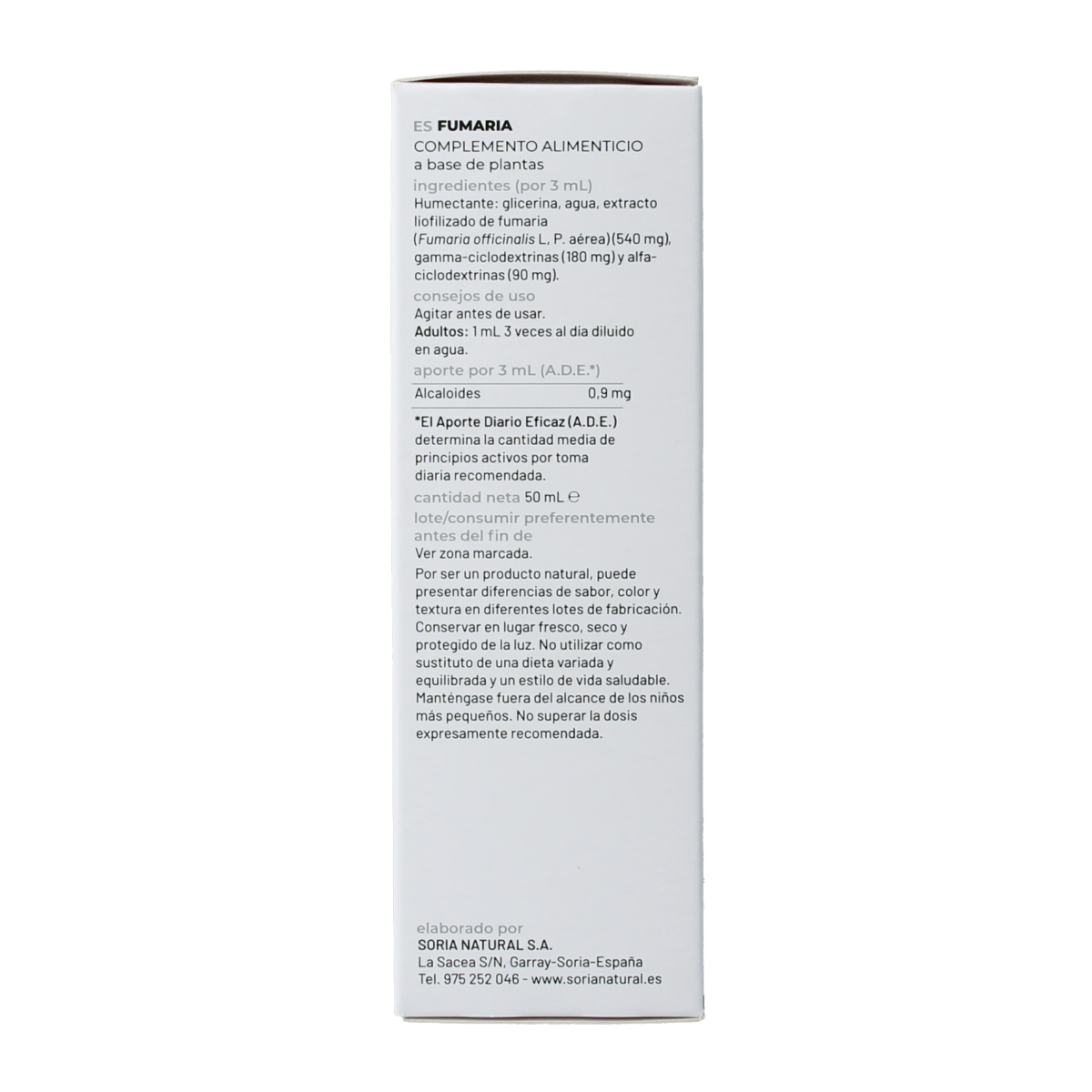 Soria Natural Fumaria officinalis herbal extract in 50ml bottle, part of Soria Natural's herbal preparations collection.
