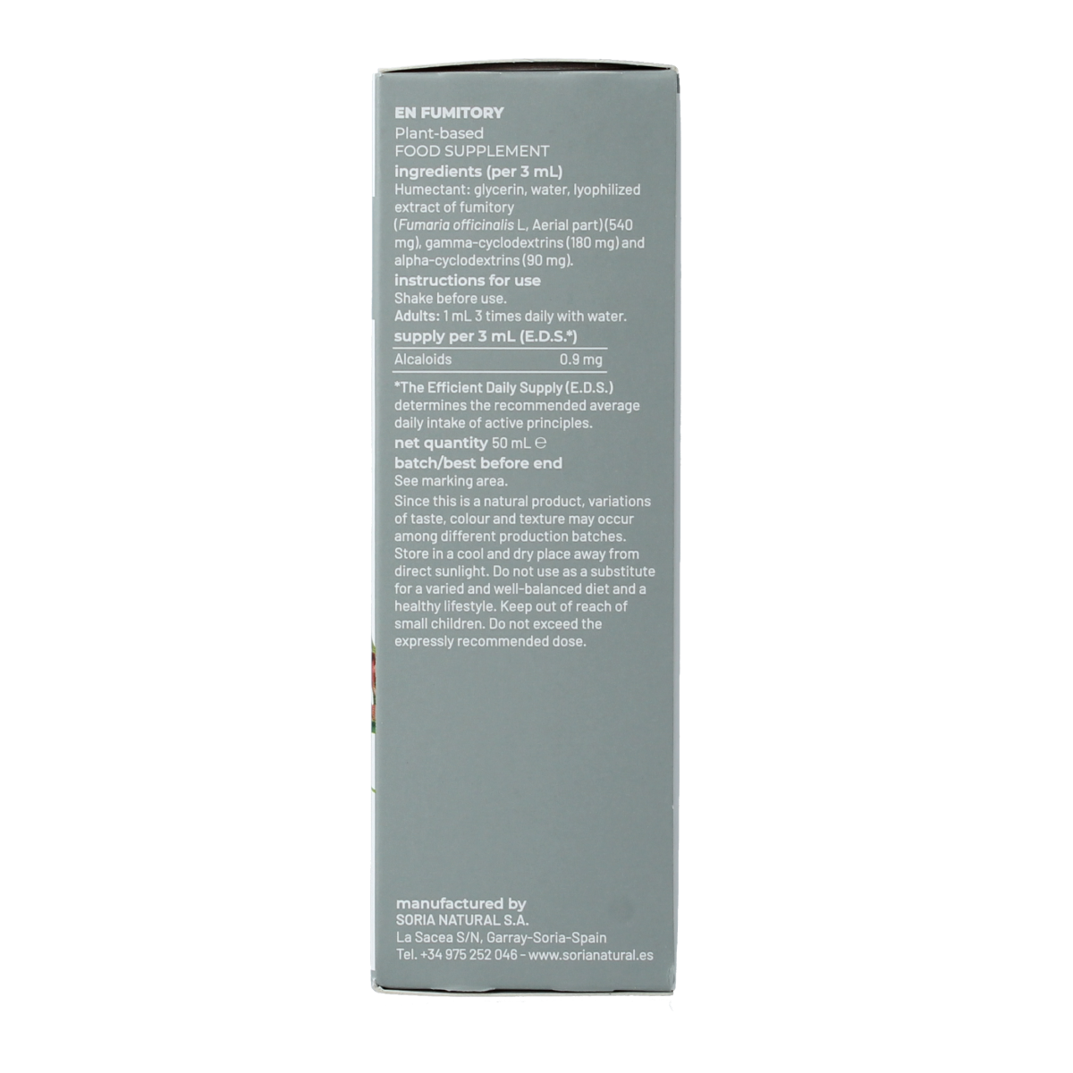 Soria Natural Fumaria officinalis herbal extract bottle, 50ml, in packaging for herbal remedies and natural health products.