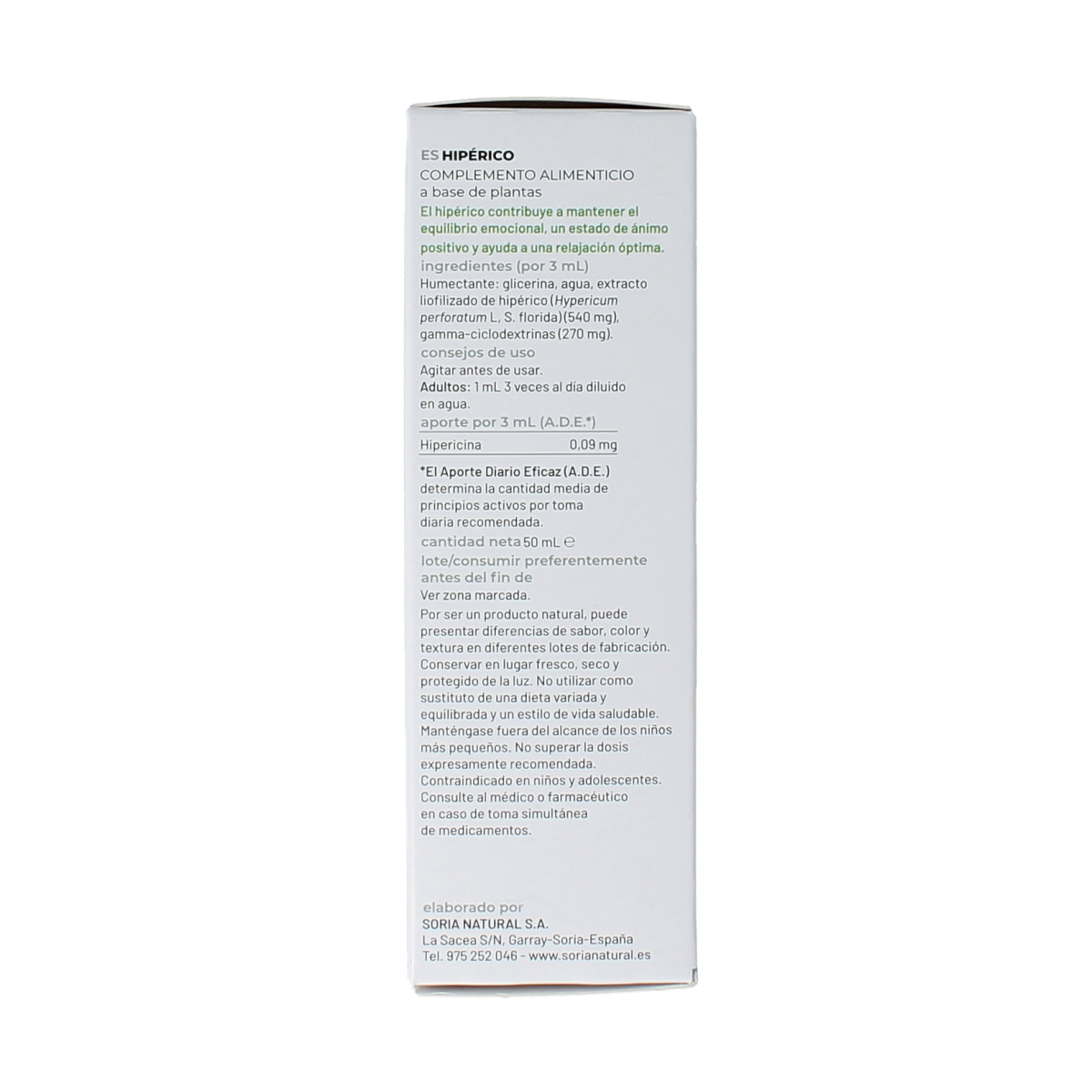 Soria Natural Hypericum perforatum herbal extract 50ml bottle, natural herbal supplement in clear glass container.