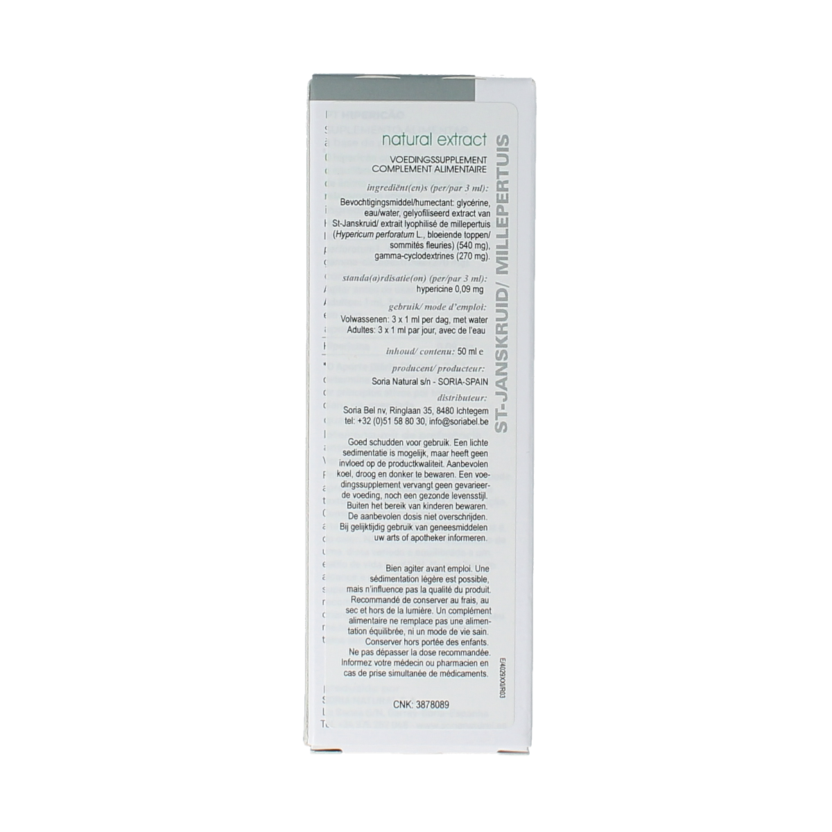 Soria Natural Hypericum perforatum extract bottle, herbal supplement for natural health, 50ml, Kruidenpreparaten packaging