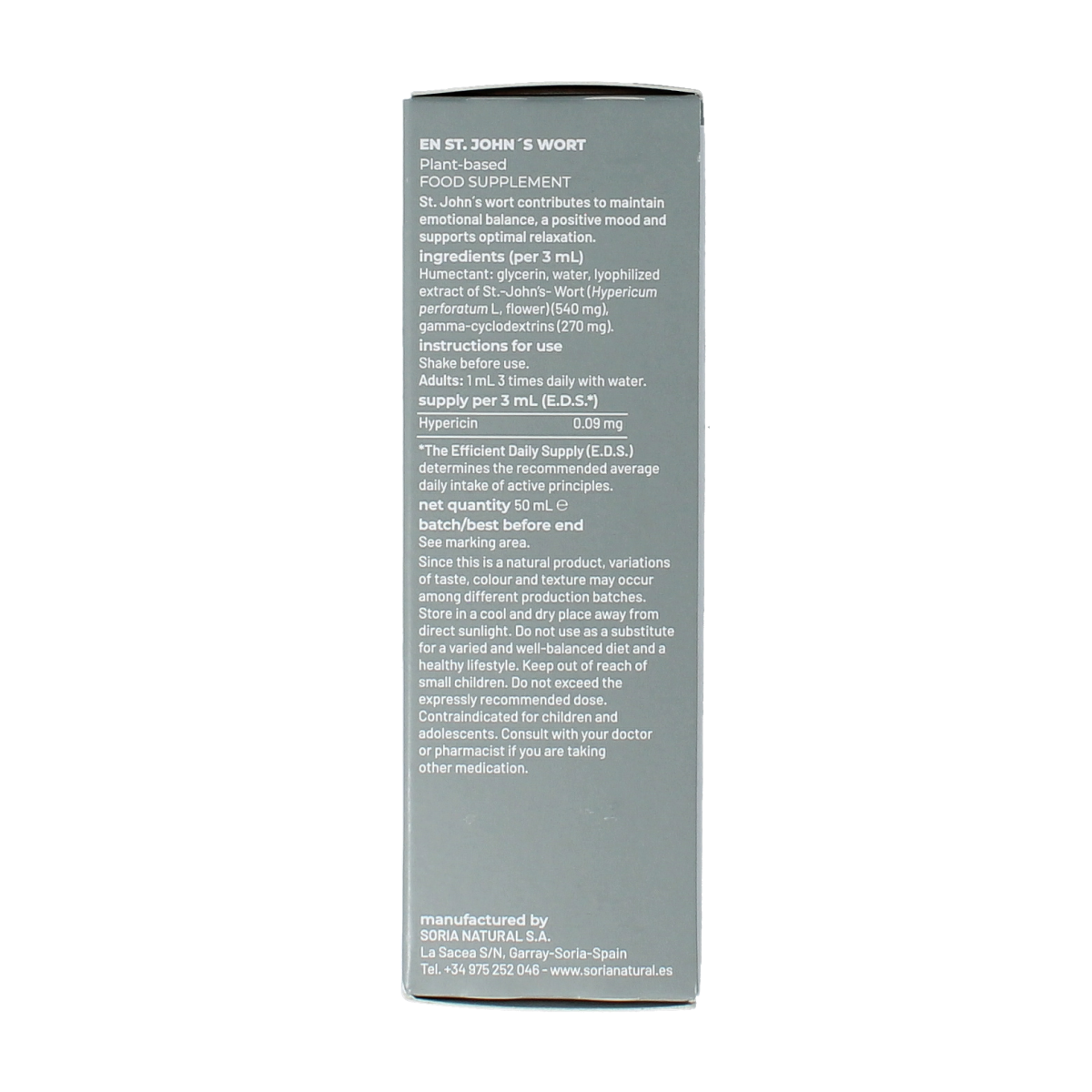 Soria Natural Hypericum perforatum extract bottle, herbal remedy in 50ml for natural health support.