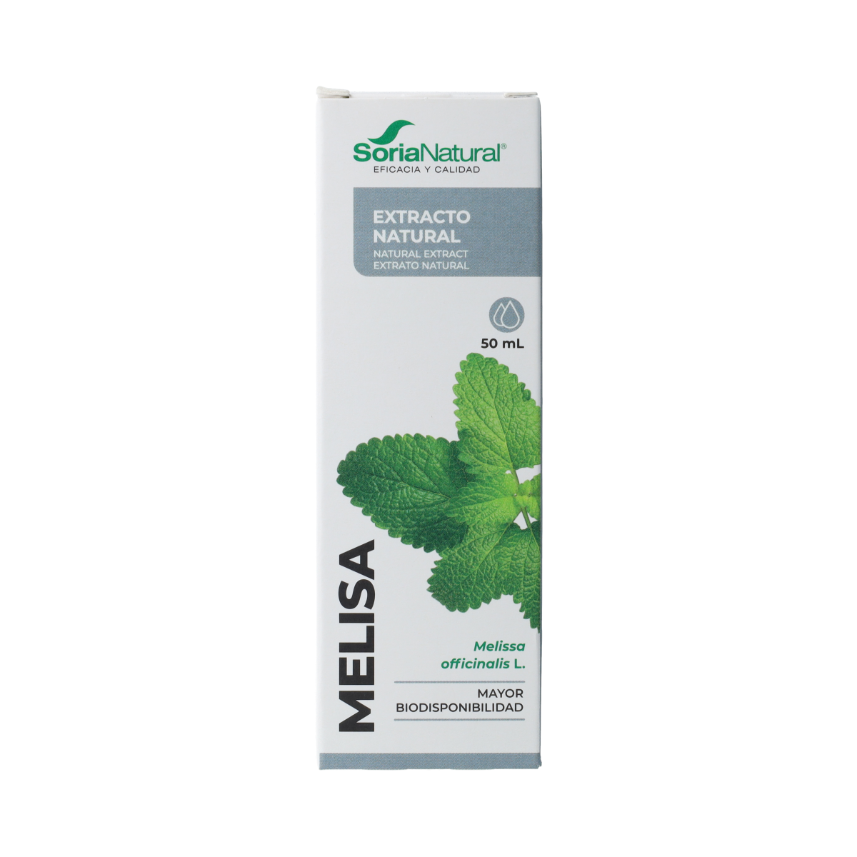Soria Natural Melissa officinalis herbal extract bottle with label, 50ml, in a clear glass container with a white cap.
