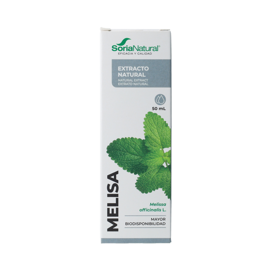 Soria Natural Melissa officinalis herbal extract bottle with label, 50ml, in a clear glass container with a white cap.