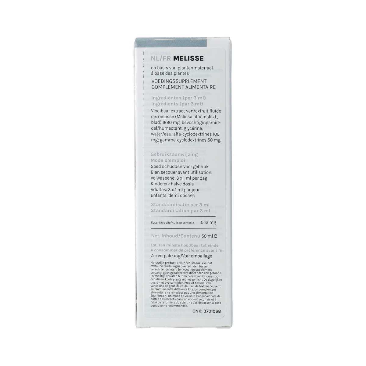 Soria Natural Melissa officinalis herbal extract bottle with label, 50ml, in a clear glass container for herbal preparations.