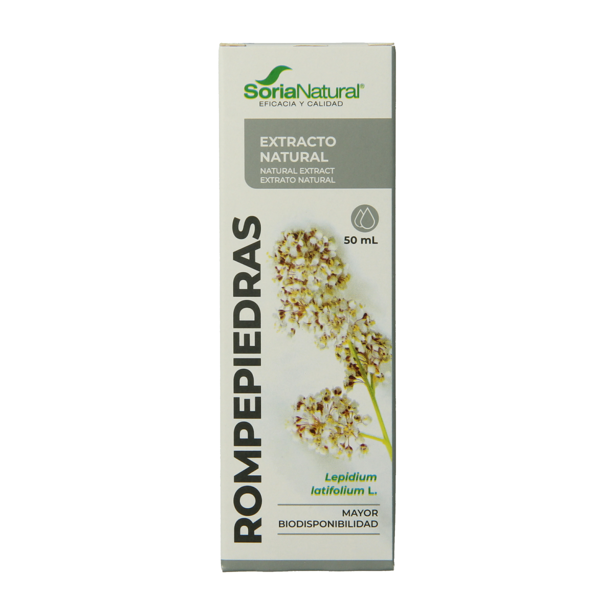 Soria Natural Lepidium latifolium extract bottle, herbal supplement in 50ml container, with label showing botanical details.