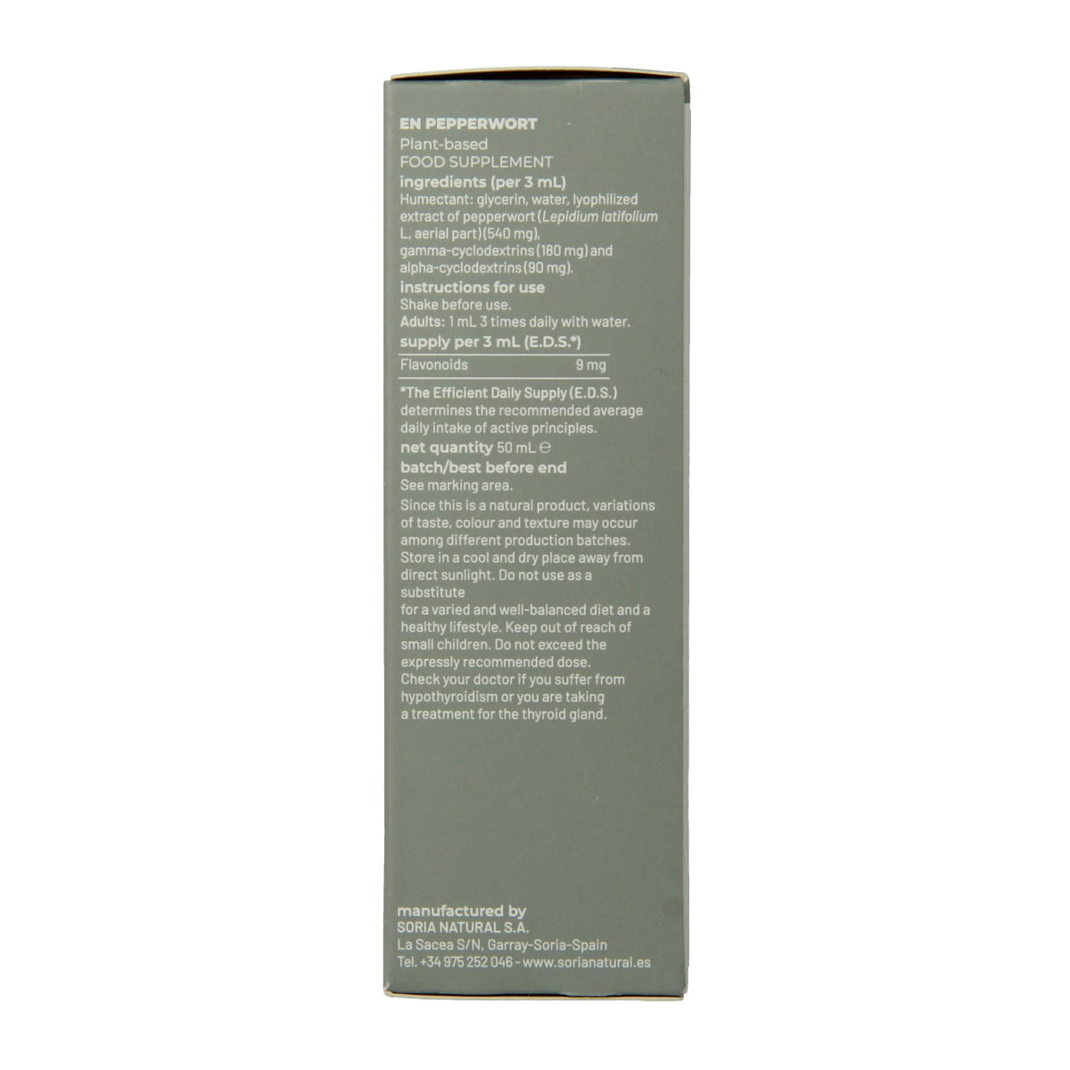 Soria Natural Lepidium latifolium extract in a 50ml bottle, herbal supplement from Soria Natural, with a white label and dropper cap.
