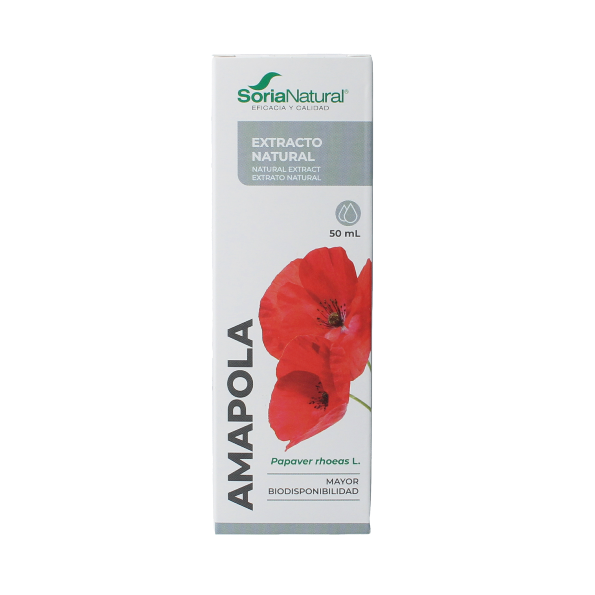 Soria Natural Papaver rhoeas herbal extract bottle, 50ml, from herbal preparations line, with label and cap visible.
