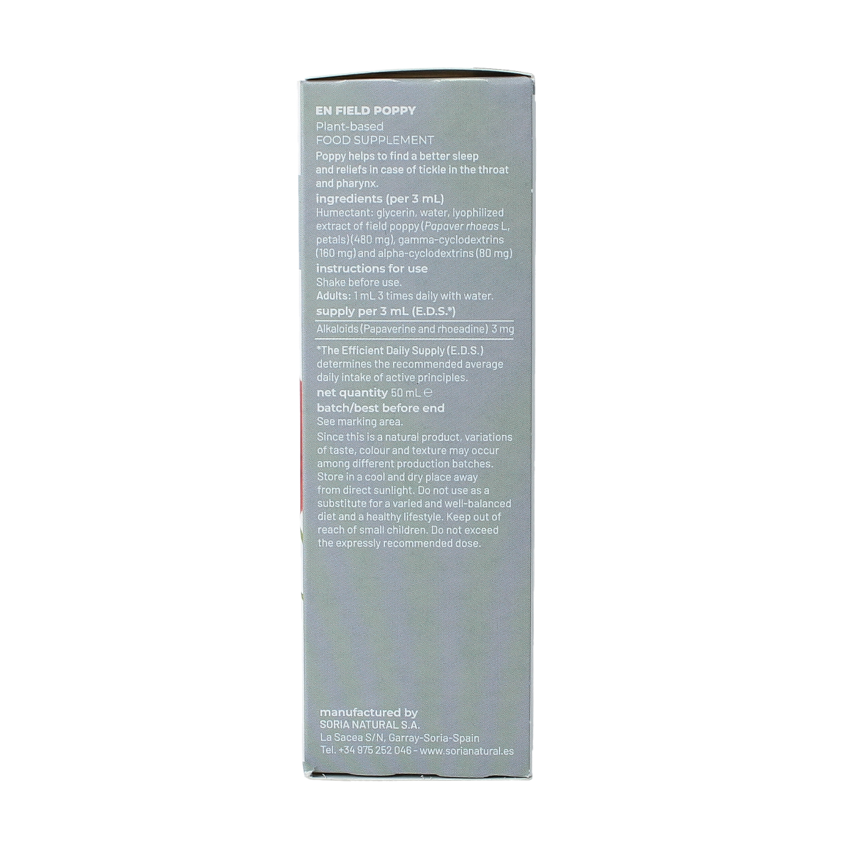 Soria Natural Papaver Rhoeas extract bottle in 50ml herbal supplement preparation with label and cap.