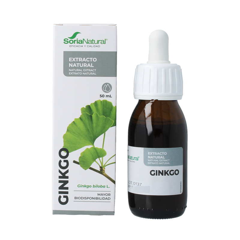 Soria Natural Ginkgo biloba extract bottle, herbal supplement for cognitive support, 50ml, natural plant-based remedy.