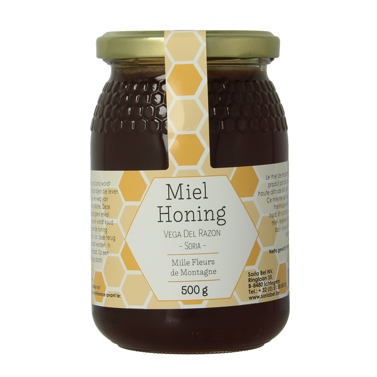 Soria Natural Berghoning miel aromatica in 500g jar, showcasing golden honey with a rich, aromatic texture and natural honeycomb details.