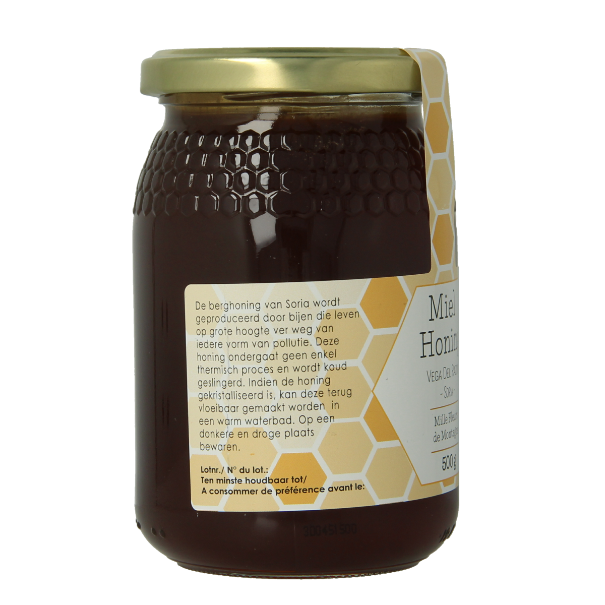 Soria Natural honey honing with aromatic flavor, 500 grams, featuring a jar of natural, golden honey with a textured lid.