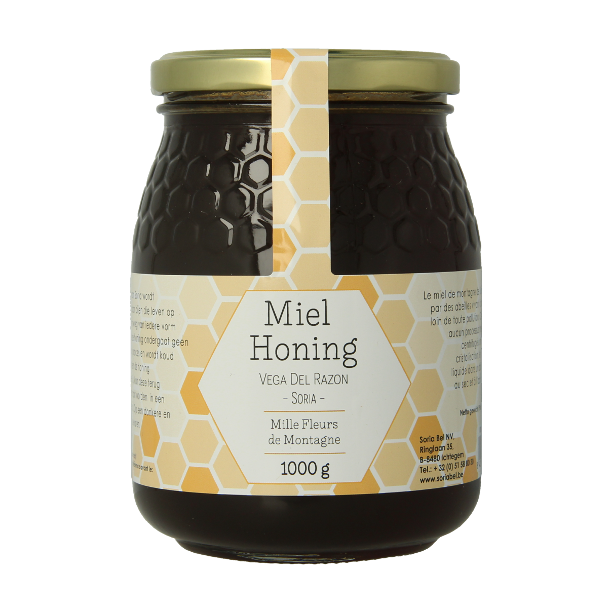 Soria Natural Berghoning aromatic honey in a 1kg jar with a golden honey drizzle on the label