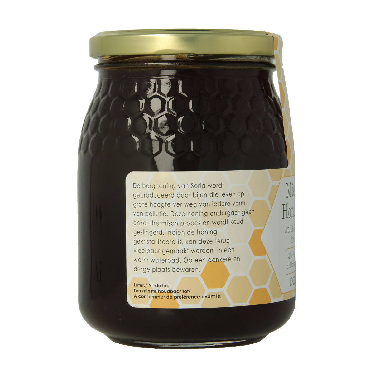 Soria Natural Berghoning aromatic honey jar, 1 kg, with golden honey visible in the transparent container.