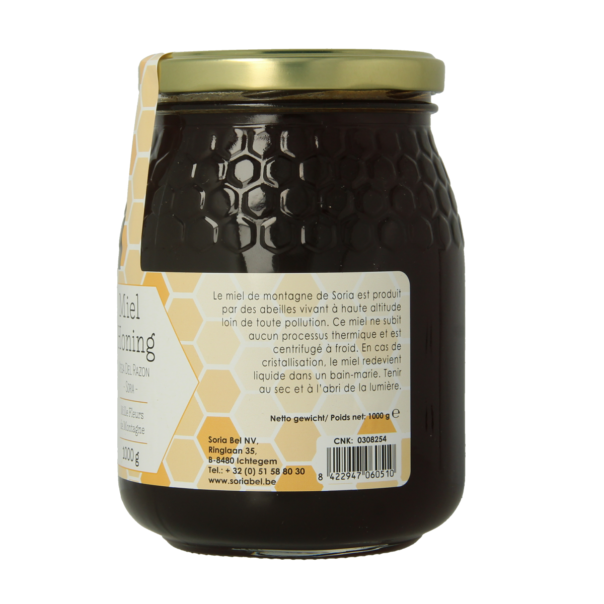 Soria Natural Berghoning aromatic honey in a 1kg jar, showcasing golden honey with a textured lid and label on a white background.