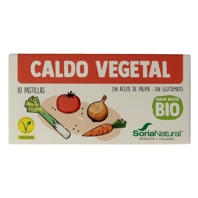 Soria Natural organic plant-based bouillon cubes, 10 pieces, for soups and broths, in a clear package.