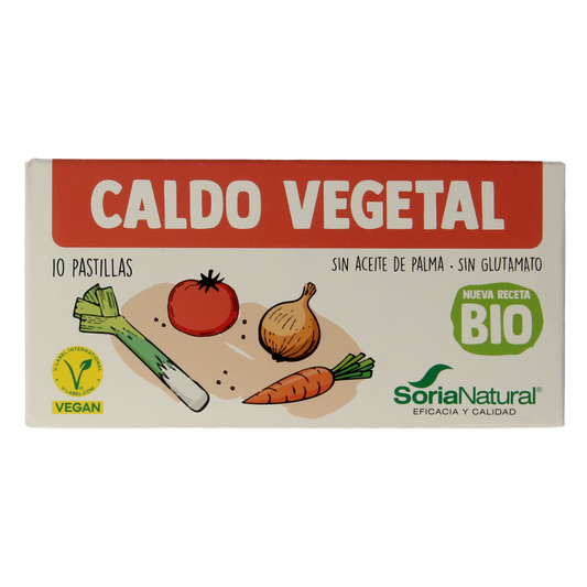 Soria Natural organic plant-based bouillon cubes, 10 pieces, for soups and broths, in a clear package.