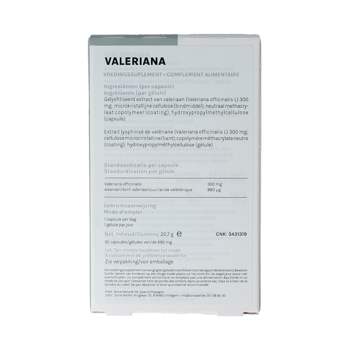 Soria Natural Valeriana XXI herbal capsules in a bottle, dietary supplement for relaxation and sleep support.