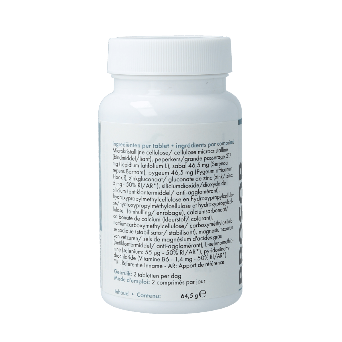 Soria Natural Prosor herbal supplement tablets in a bottle, showing the packaging and tablets inside.
