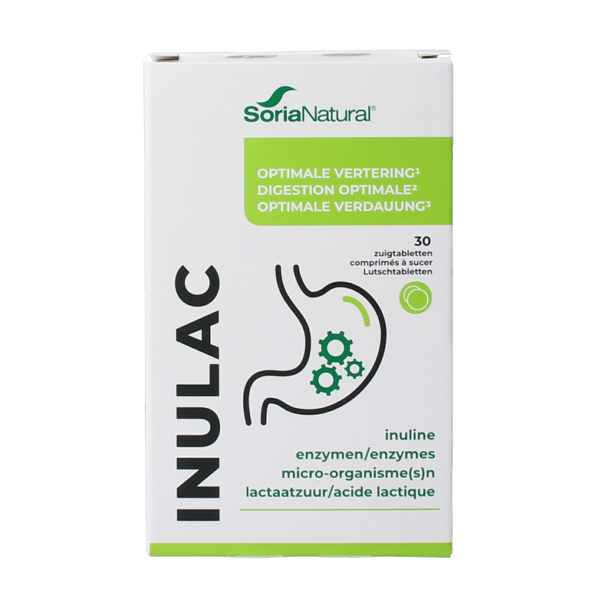 Soria Natural Inulac probiotic lozenges with micro-organisms, showing the packaging and tablets in a natural setting.
