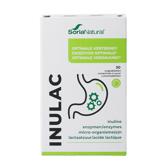 Soria Natural Inulac probiotic lozenges with micro-organisms, showing the packaging and tablets in a natural setting.