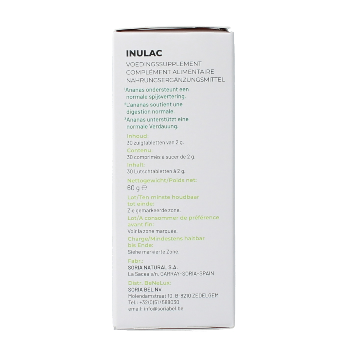 Soria Natural Inulac probiotic micro-organismen supplement in a blister pack of 30 chewable tablets.