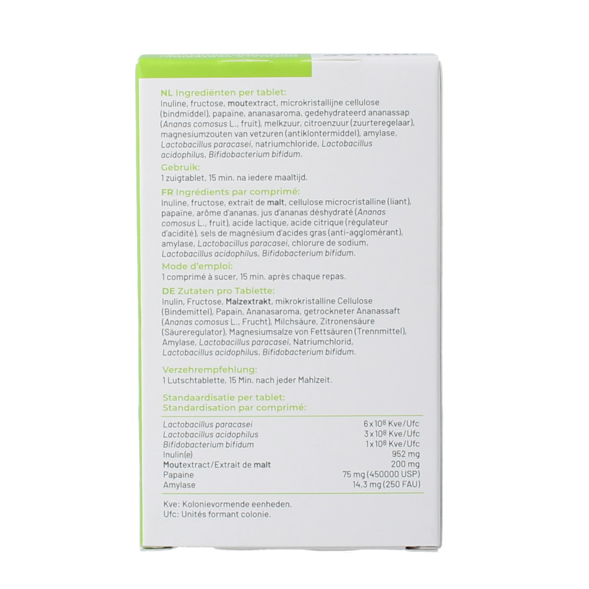 Soria Natural Inulac probiotic micro-organismen supplement in a blister pack of 30 chewable tablets.