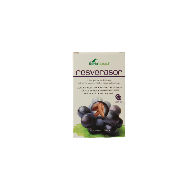 Soria Natural Resverasor 600mg herbal supplement tablets in a blister pack, featuring the product packaging and label.