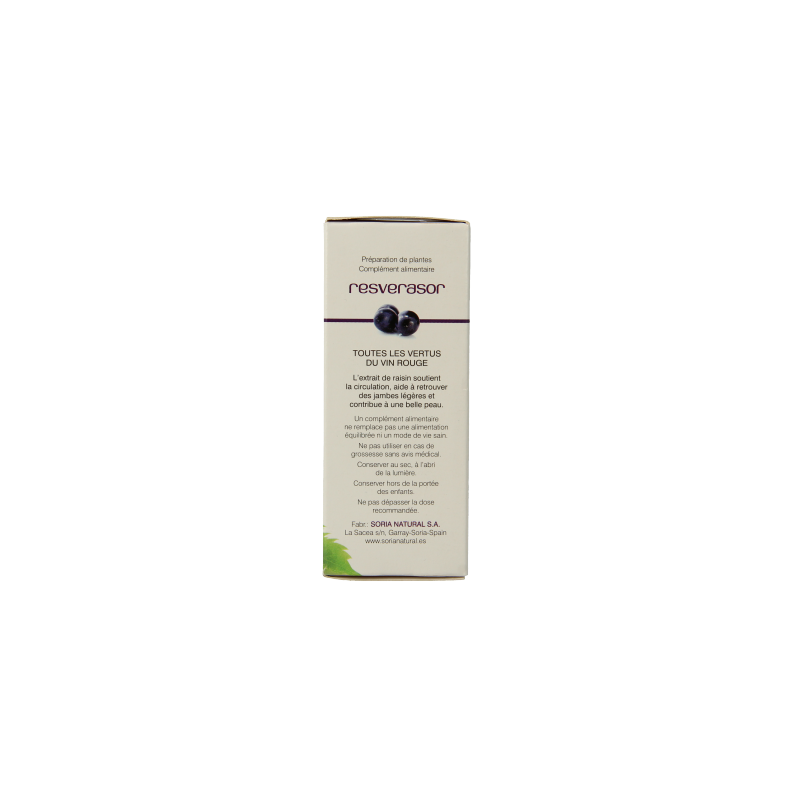 Soria Natural Resverasor 600mg herbal supplement tablets in a blister pack, featuring the product label and packaging.