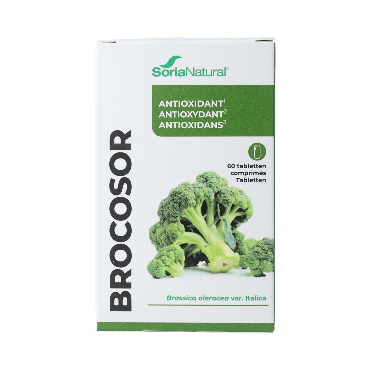 Soria Natural Brocosor herbal supplement tablets in a bottle, dietary supplement from Soria Natural, 60 tablets.