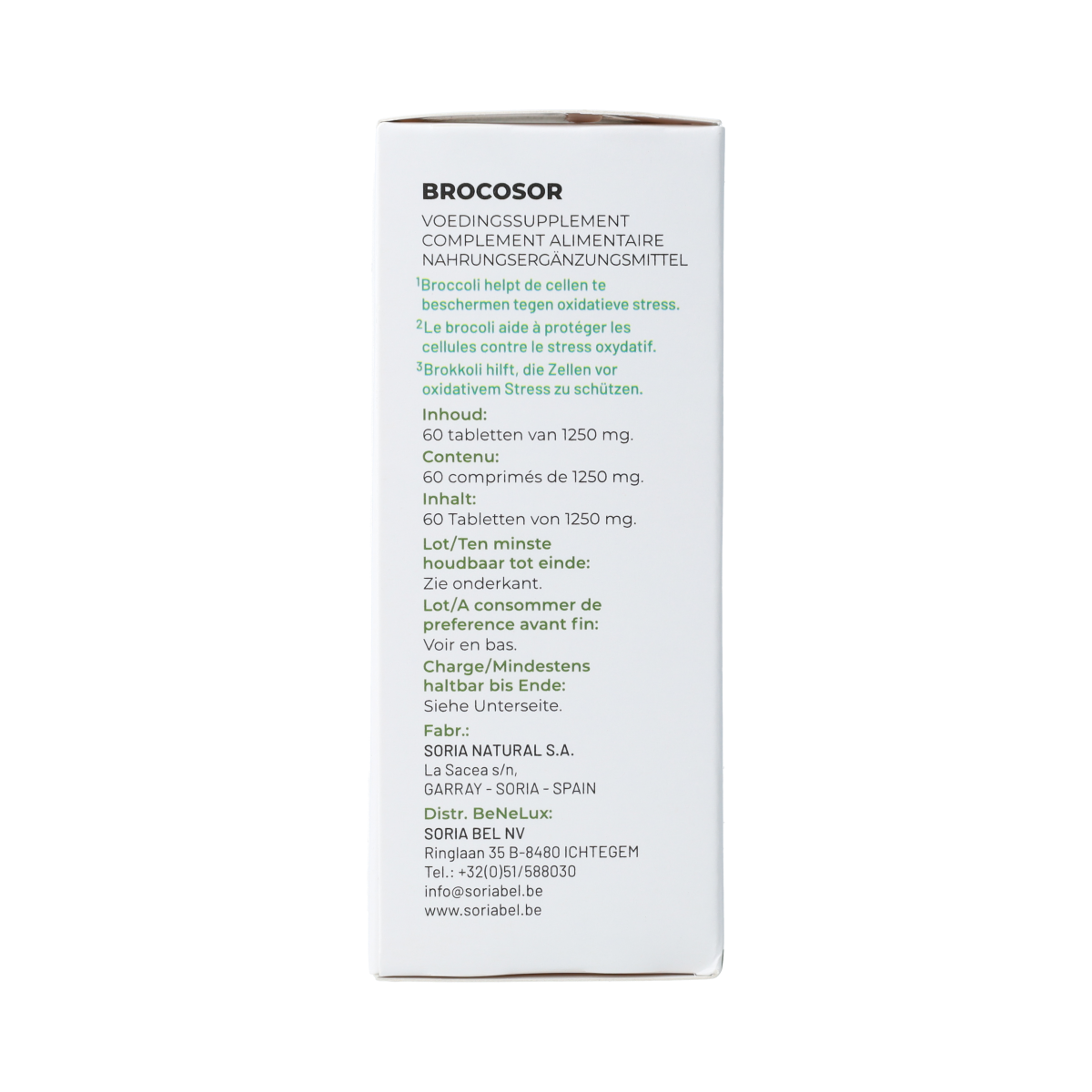 Soria Natural Brocosor herbal tablets in a blister pack, part of the kruidenpreparaten product line.