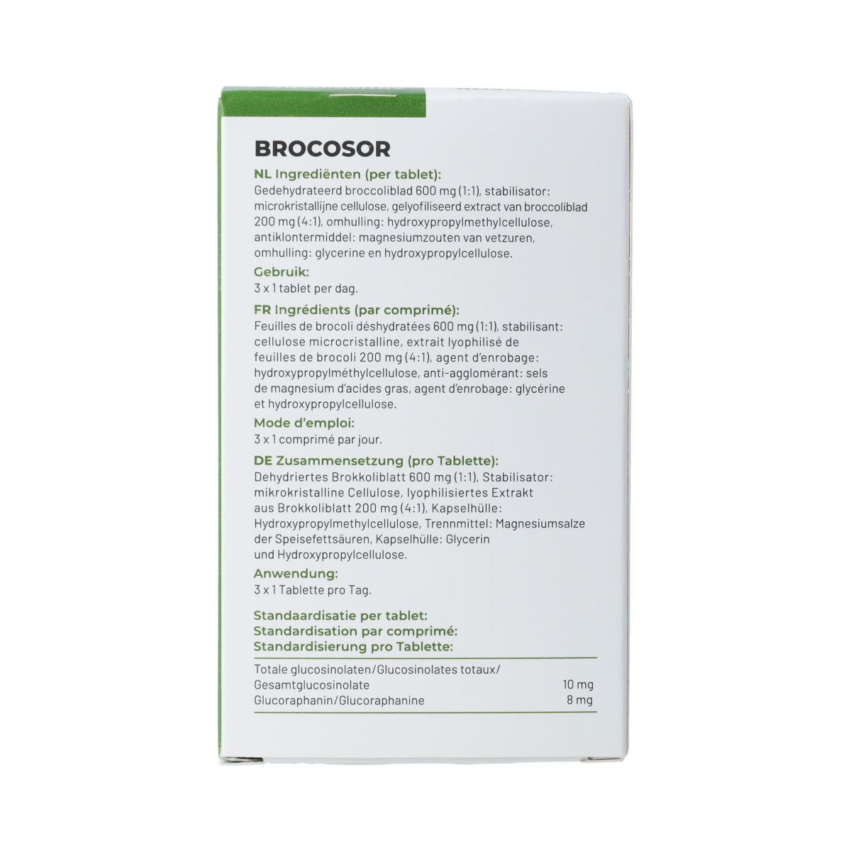 Soria Natural Brocosor herbal tablets, 60-count, in a white bottle with label showing product details and natural ingredients.